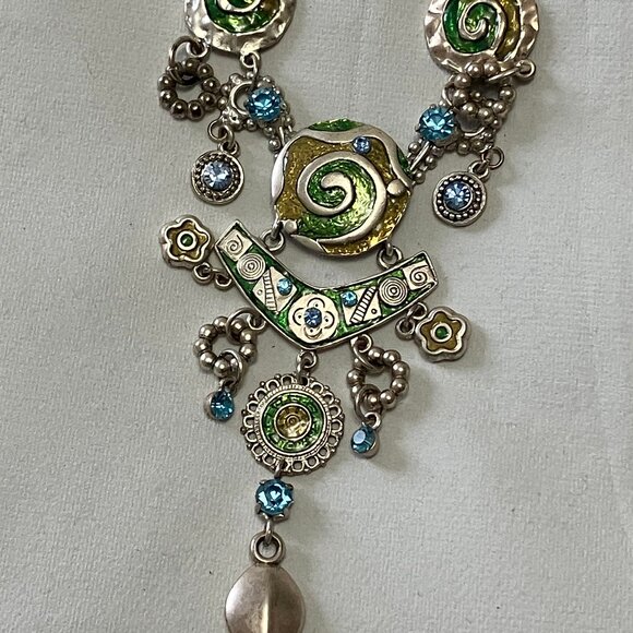 Art Deco-styled Blue/Silver Tone Fashion Costume Necklace & Earring Set - Picture 4 of 10